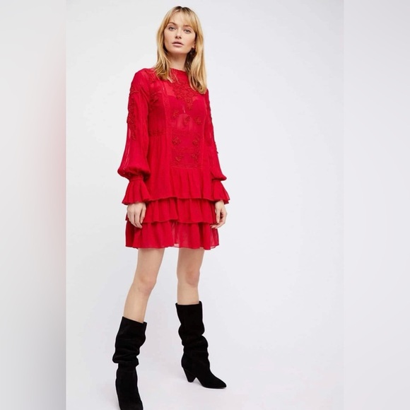 Free People Red Embroidered Boho Tiered Mini Dress | Large - Picture 3 of 11